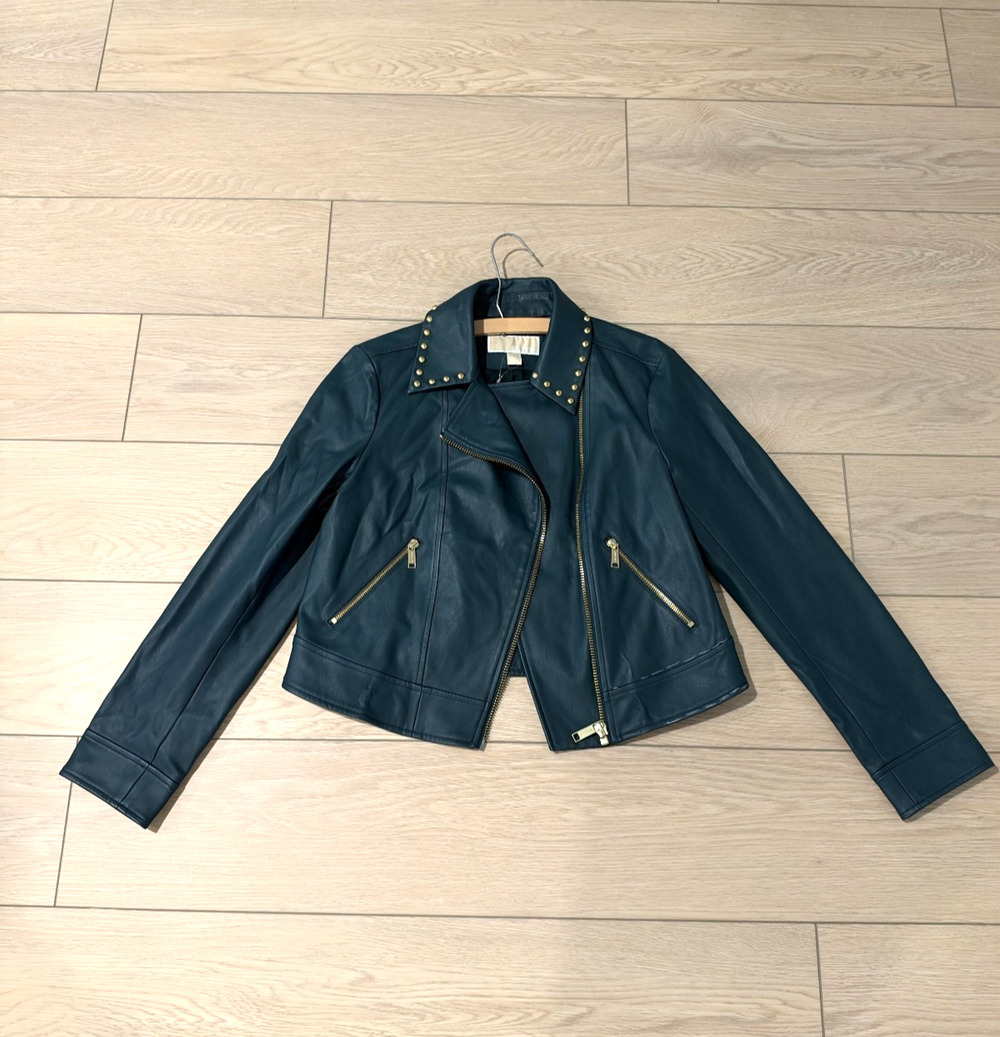 Michael Kors Green Leather Gold Studs Zip Moto Biker Jacket Women Size M Medium